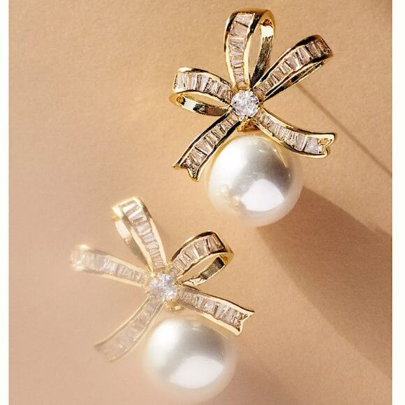 Anthropologie Jewelry - NEW ~ Anthropologie, BHLDN, Gemelli Pearl & Rhinestone "Layla" Gold Bow Earrings
